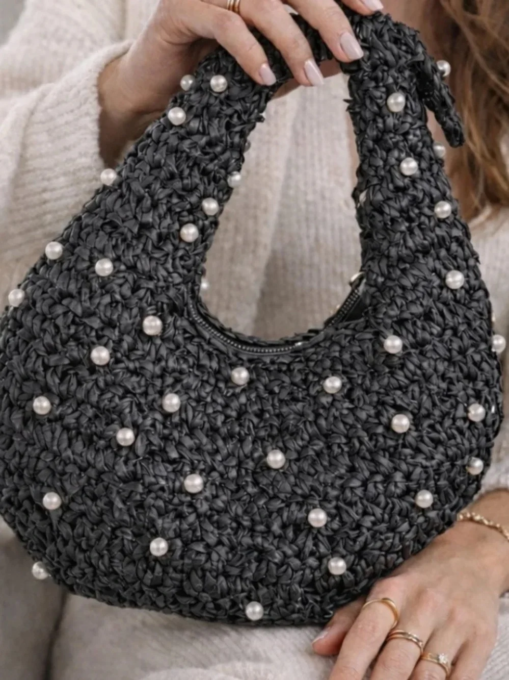 Haute Hippie Charcoal Gray Pearl-Embellished Woven Hobo